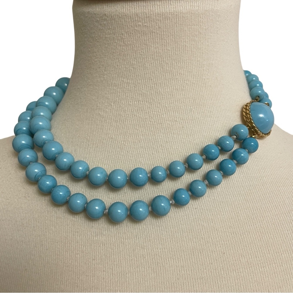 Joseph Mazer Blue Double Strand Graduated Bead Choker Necklace Decorative Clasp